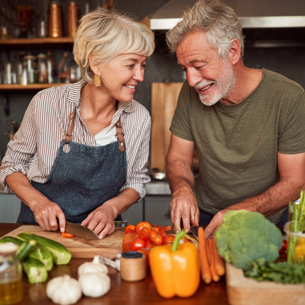 Happy couple in their 50s preparing healthy meal together in modern kitchen, following nutrition guidelines from meal planning program