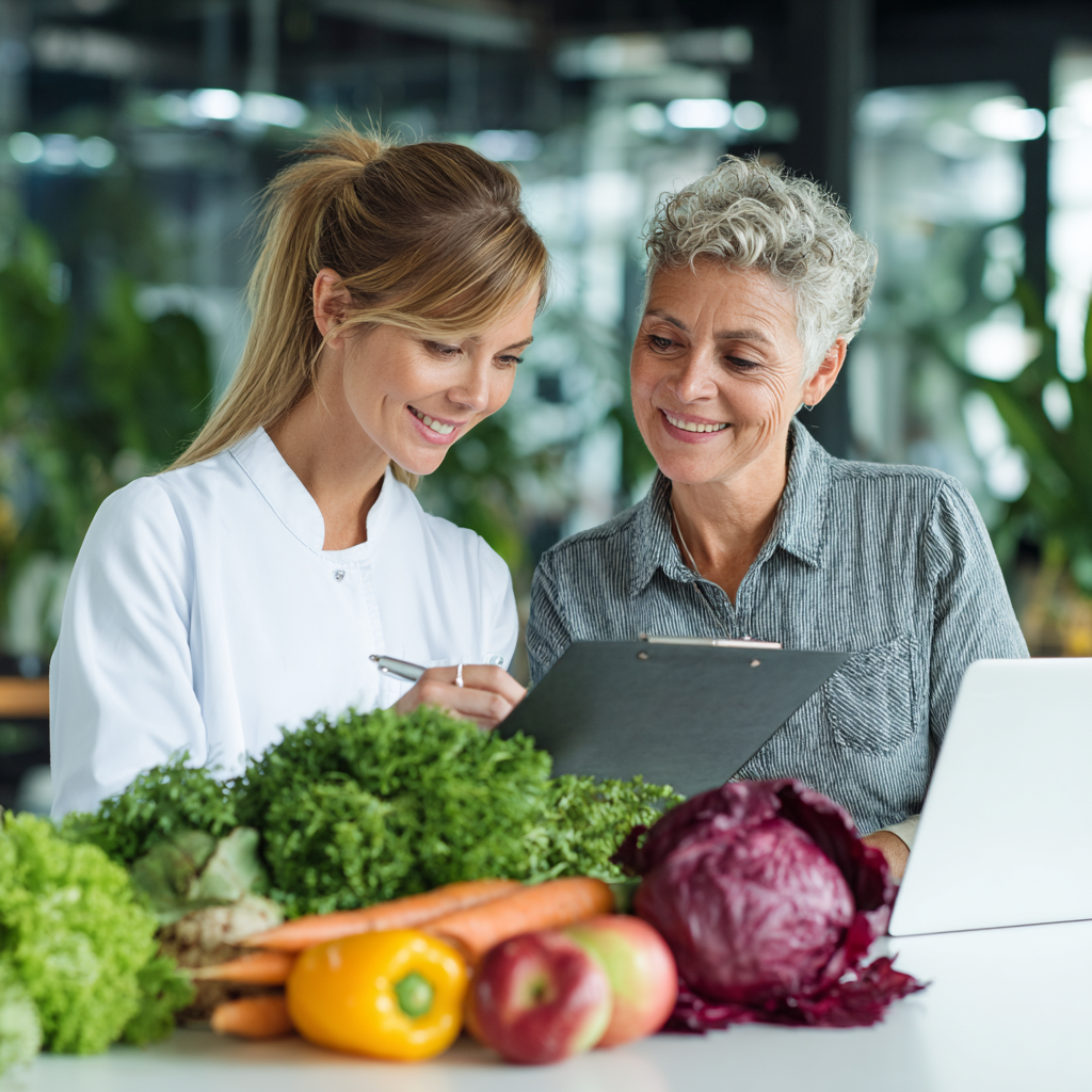 Professional nutritionist consulting with a middle-aged woman in her 40s about healthy meal planning in a modern wellness center